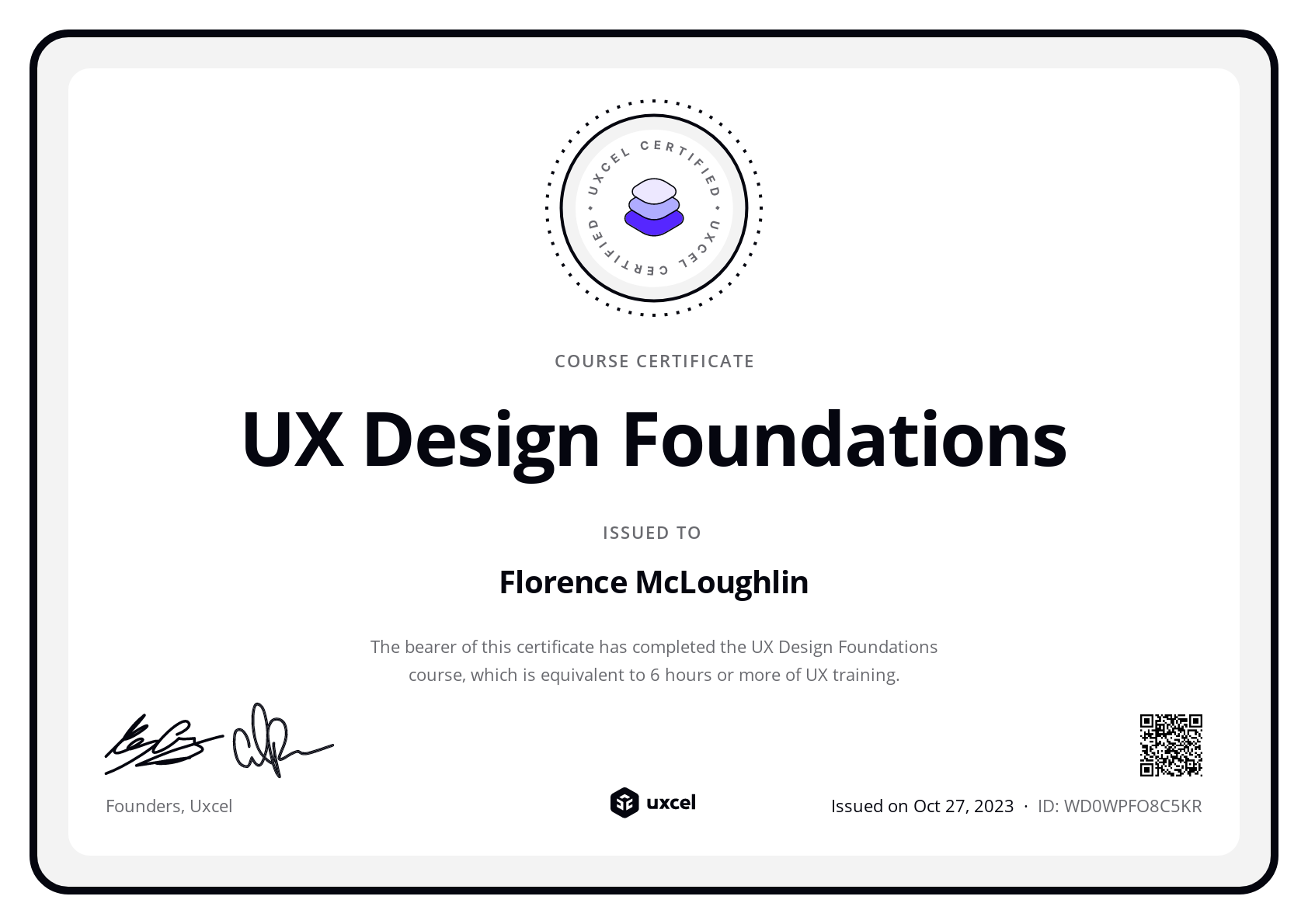 Florence McLoughlin's certificate